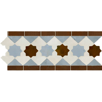 Mosaic House Moroccan tile Kmarshoun 1-17-19 White Sky blue Brown  zellige, mosaic, zellij, border, glaze, stars, traditonal, star 